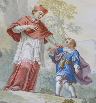 Hl. Karl Borromäus mit dem jungen Hippolyt Guarinoni - Fresko im Vorrraum der Kirche (Foto: A. Prock)